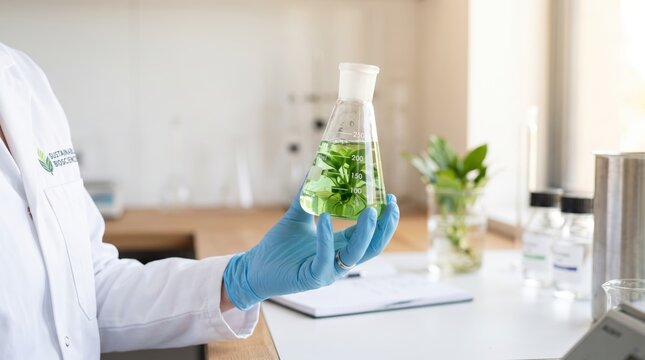 Scientist in white lab coat and blue gloves holding conical flask with green plant extract liquid, biotechnology research laboratory, sustainable bioscience experiment
