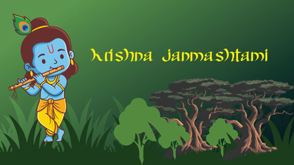 Happy Krishna Janmashtami Greeting Card Design Celebrating the Birth of Lord Krishna with Cute Flute Playing Bal Gopal and Peaceful Natural Scener with calligraphy font © HR GRAPHICS