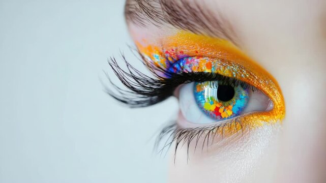Extreme close-up of a human eye with artistic colorful makeup and decorative contact lens