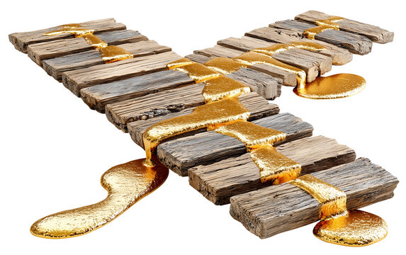 Floating wooden raft with separated planks and thin streams of flowing gold creates conceptual path of value and luxury., isolated