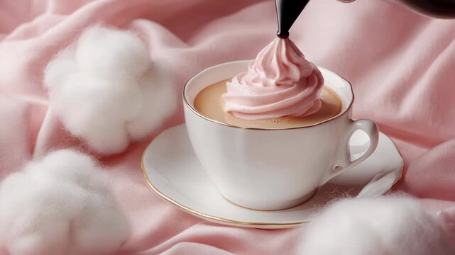 Piping Pink Whipped Cream onto a Coffee Latte in a White Cup