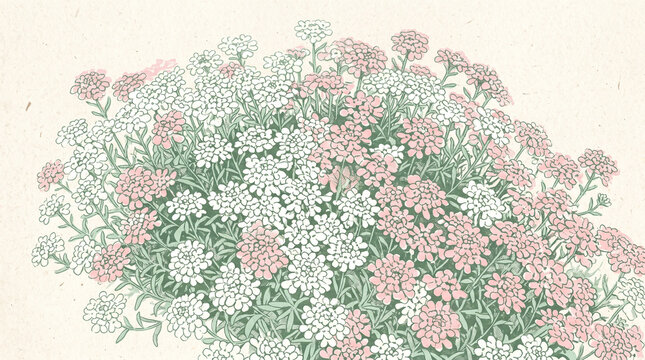 Delicate white and pink candy tuft flowers illustrated on textured light beige paper background artistic style