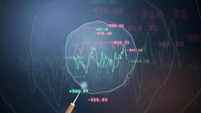 Abstract Digital Data Visualization with Floating Financial Charts and Dynamic Numerical Information on Dark Background