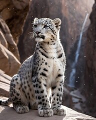 Obraz premium A ash snow leopard cub in a galaxy lit canyon