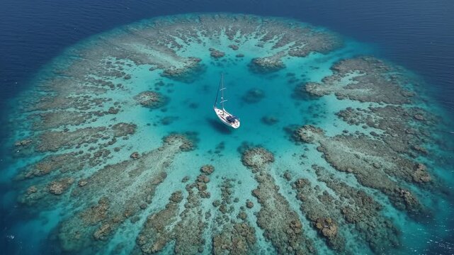 Aerial view captures a lone sailboat in a vibrant coral ring