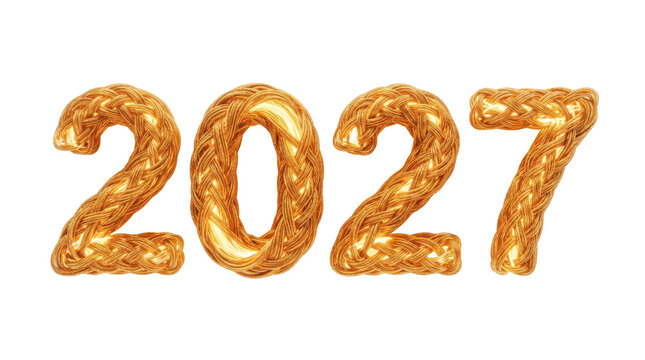 Golden braided numbers 2027 with internal light effect PNG Isolated on transparent background