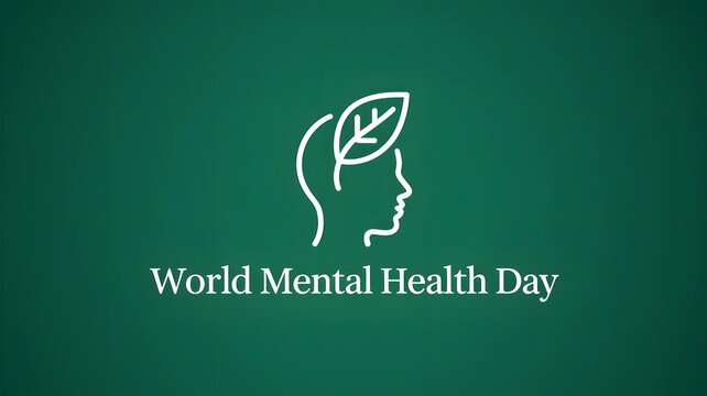 World mental health day concept with a human head silhouette and a leaf on green background
