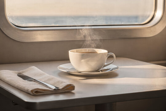 Steaming Coffee Cup on Train Table by Window