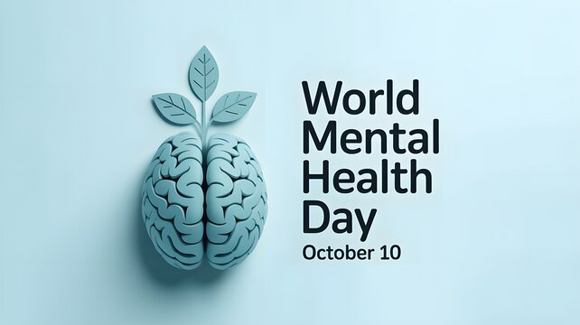 World mental health day concept with a human brain model and green leaves on a light background