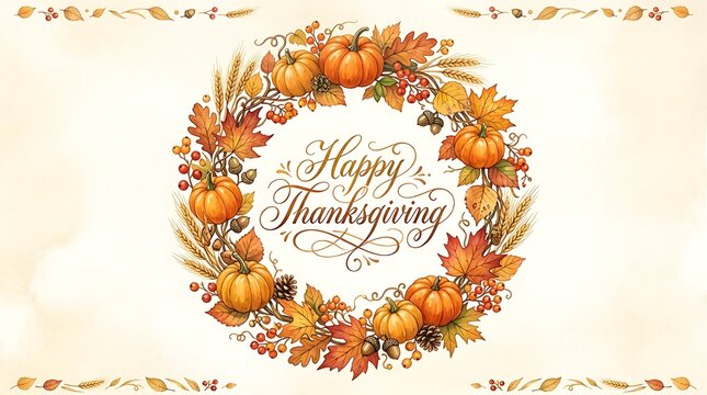 Watercolor autumn wreath with pumpkins and festive calligraphy