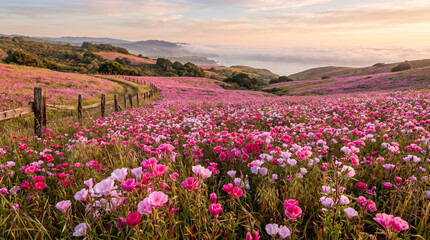 Obraz premium Vibrant pink wildflowers bloom across rolling hills under a soft golden sunset near the coast