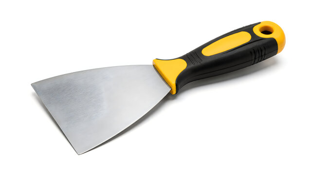 Metal putty knife scraper with black and yellow grip handle.