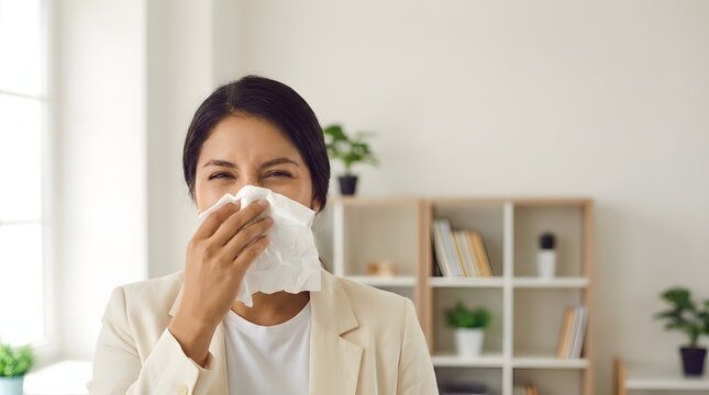 Sick Businesswoman Sneezing And Blowing Nose With White Tissue In Modern Office While Working