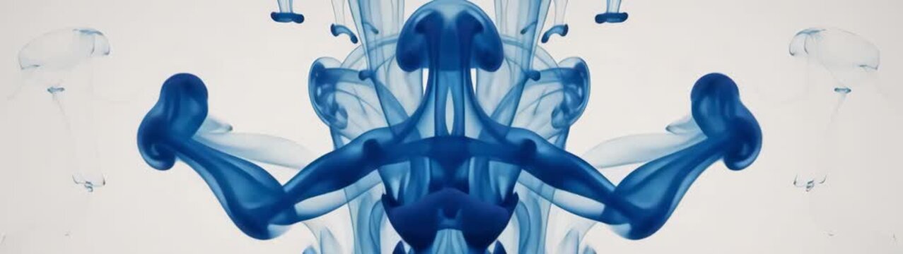 Blue ink creating a symmetric figure on a clean white field resembling a rorschach test for various concepts.