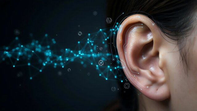 Person hearing futuristic digital sound waves in ear