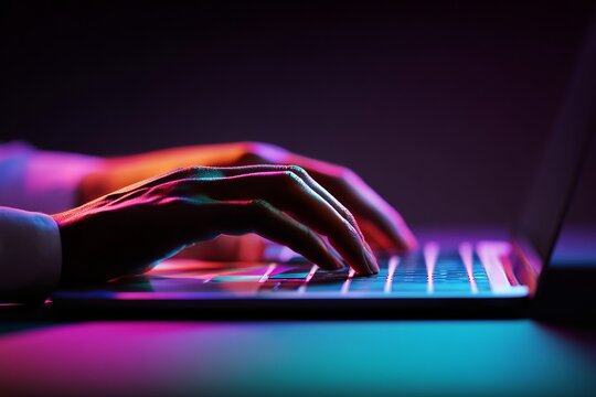 Gen Z remote work and digital freedom. Close-up of hands typing on a laptop keyboard illuminated by colorful neon lights in a dark environment