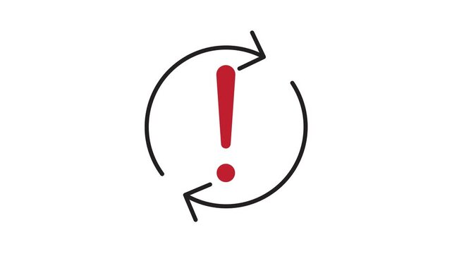 update animated. two circular arrows with an exclamation mark or warning symbol. suitable for management, gear, maintenance. Outline design style.