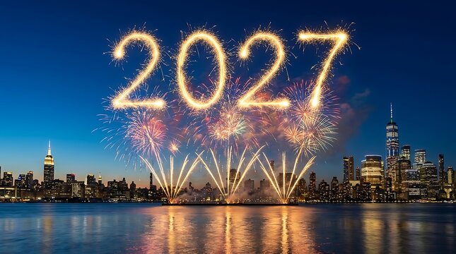 New year 2027 celebration with fireworks over the new york city skyline