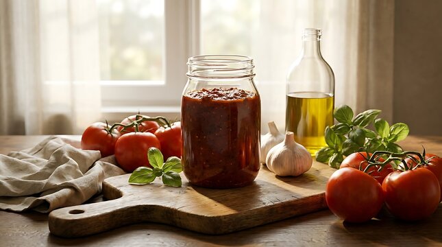 Fresh homemade tomato sauce in a glass jar on a wooden cutting board with herbs and olive oil. homemade marinara guide