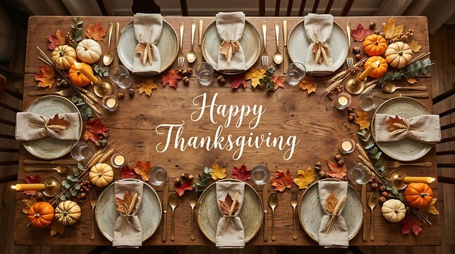 Festive thanksgiving table setting with autumn decorations and handwritten sign