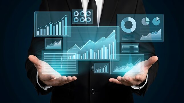 Businessman presenting glowing holographic financial dashboard with data charts representing market analysis and strategy