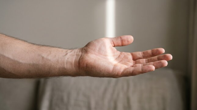 Close up of a man's open hand palm up gesture isolated on, symbolizing asking for help, receiving, offering, begging, or presenting something empty, human body part, skin texture