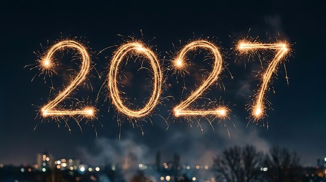 Sparkler 2027 new year celebration text against dark night city background