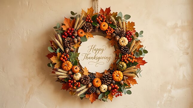 Autumn wreath with pumpkins and colorful fall decorations on a door