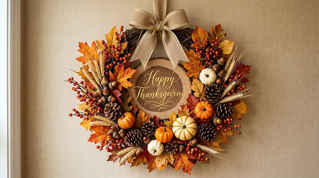 Autumn floral wreath with ribbon and decorative metal centerpiece