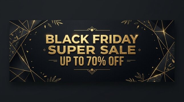 Black Friday Super Sale Banner with Gold Geometric Art Deco Framing