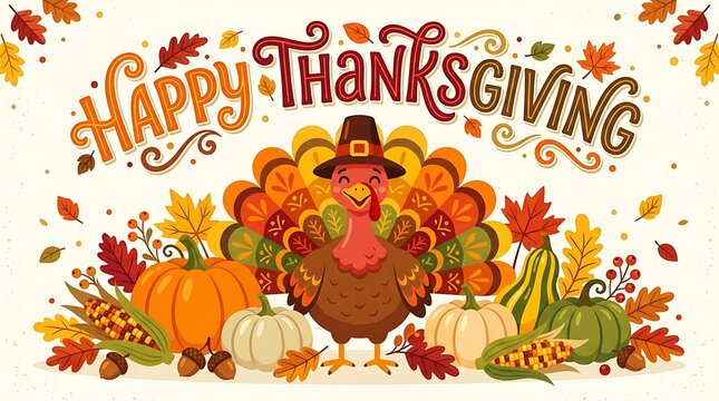 Festive thanksgiving day illustration with turkey and autumn produce