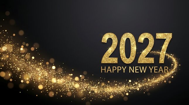 Gold glitter 2027 happy new year text with sparkling light trail