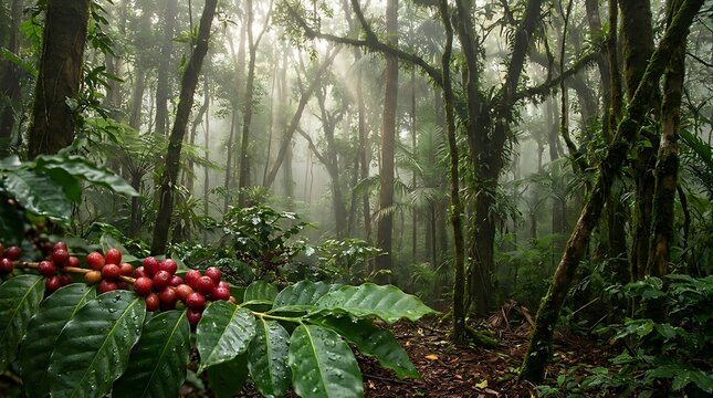 Ripe red coffee beans growing on a branch in a misty tropical rainforest. shade-grown arabica