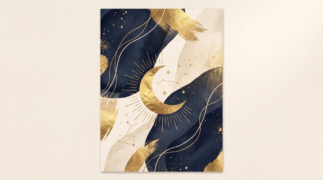ETHEREAL Cosmic: Seni Dinding Mewah Bulan dan Bintang Emas Foil Cat Air