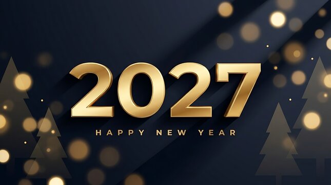Happy new year 2027 gold text on dark background with bokeh lights