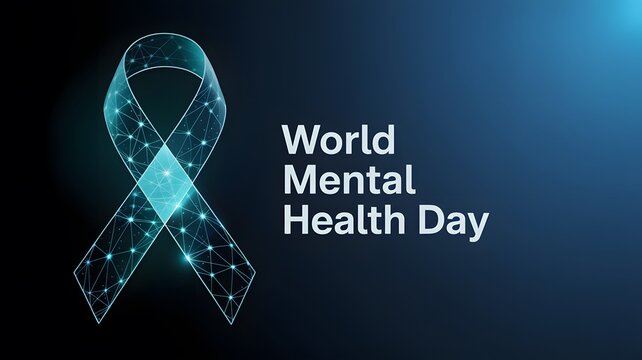 World mental health day concept with a glowing digital awareness ribbon on a dark blue background