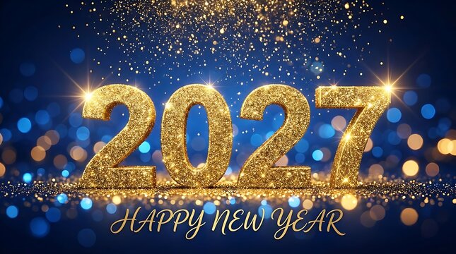 Golden 2027 happy new year celebration with sparkling glitter on blue background