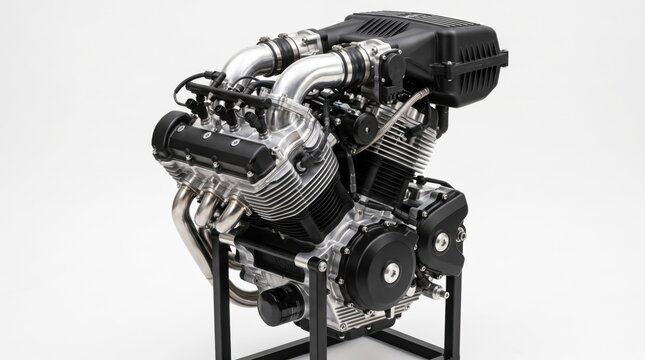 High performance V-twin motorcycle engine on display stand, mechanical engineering, automotive industry, chrome details, air cooled cylinders, exhaust pipes, motorbike parts