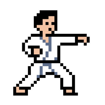 Pixel art of a karate fighter in a white uniform throwing a punch