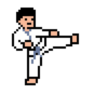 Pixel Art Karate Fighter Kicking - Martial Arts Icon 8-Bit Style