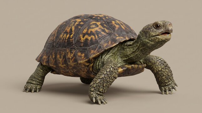 Eastern box turtle walking on neutral background, detailed tortoise shell patterns, reptile studio portrait for wildlife education