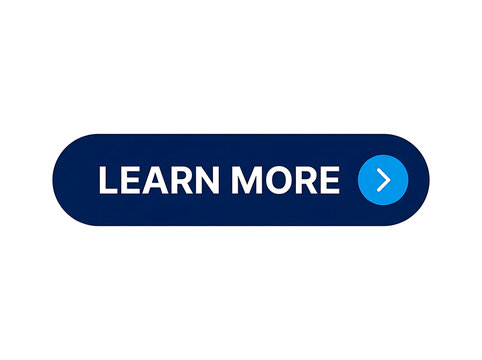 Dark blue learn more button with rounded corners and blue arrow icon