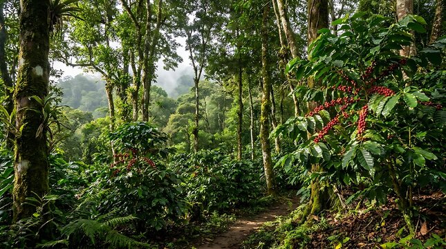 Lush tropical rainforest landscape with dense green trees and plants in the wild jungle. shade-grown arabica