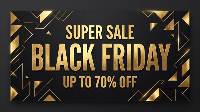 Black Friday Super Sale Banner with Gold Geometric Art Deco Framing