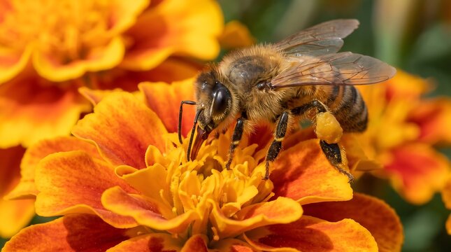 Honey bee collecting pollen on orange marigold flower, macro photography of honeybee on vibrant blossom, nature and pollination concept
