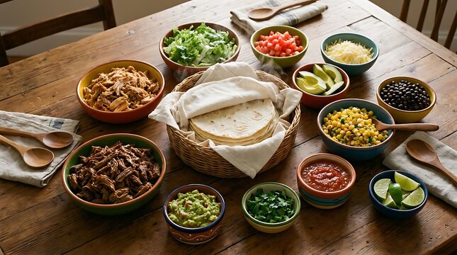 Mexican taco bar with bowls of meat vegetables beans and tortillas on a rustic wooden table. taco station setup