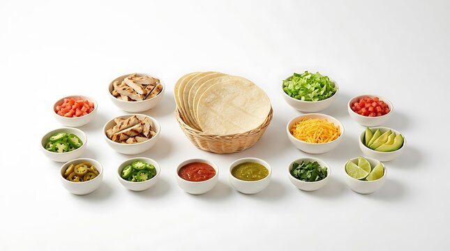 Fresh taco ingredients with tortillas in a basket and many small bowls of toppings. taco station setup