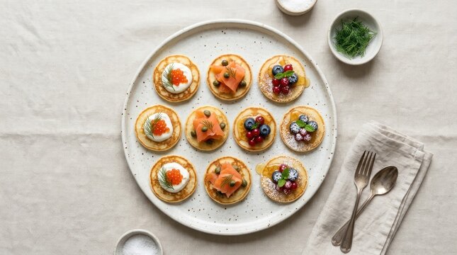 A white plate with a variety of colorful blinis topped with salmon, caviar, and berries.