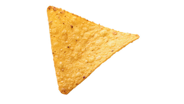 Single crunchy triangle tortilla nacho chip isolated on transparent background