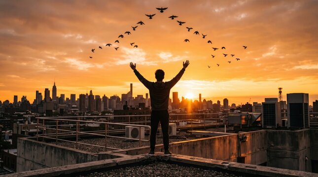 Silhouette of man standing on urban rooftop with arms raised in freedom gesture against vibrant sunset sky, flock of birds flying in formation above city skyline